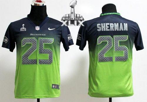  Seahawks #25 Richard Sherman Steel Blue/Green Super Bowl XLIX Youth Stitched NFL Elite Fadeaway Fashion Jersey