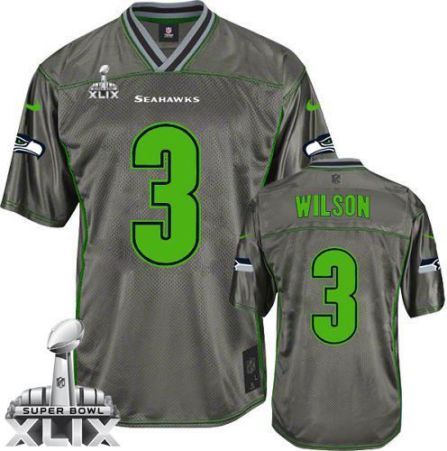  Seahawks #3 Russell Wilson Grey Super Bowl XLIX Youth Stitched NFL Elite Vapor Jersey