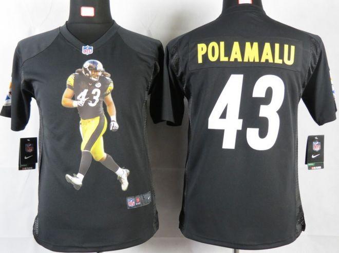  Steelers #43 Troy Polamalu Black Team Color Youth Portrait Fashion NFL Game Jersey