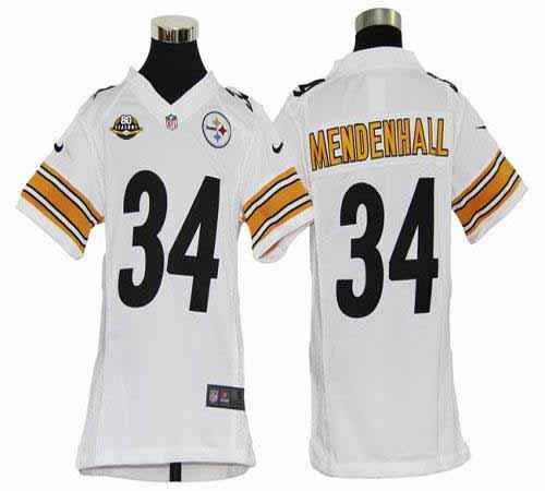 Steelers #34 Rashard Mendenhall White With 80TH Patch Youth Stitched NFL Elite Jersey