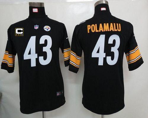  Steelers #43 Troy Polamalu Black Team Color With C Patch Youth Stitched NFL Elite Jersey