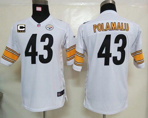  Steelers #43 Troy Polamalu White With C Patch Youth Stitched NFL Elite Jersey