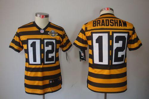  Steelers #12 Terry Bradshaw Black/Yellow Alternate Youth Stitched NFL Limited Jersey