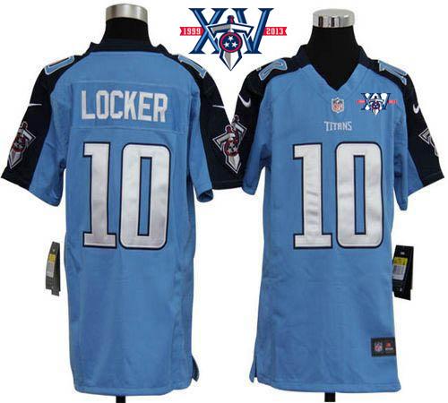  Titans #10 Jake Locker Light Blue Team Color With 15th Season Patch Youth Stitched NFL Elite Jersey