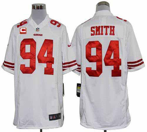  49ers #94 Justin Smith White With C Patch Men's Stitched NFL Game Jersey