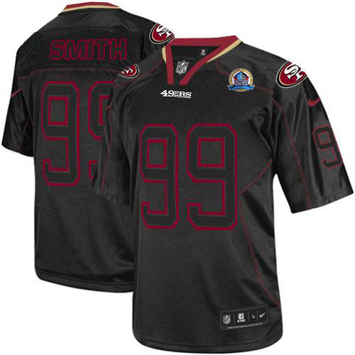  49ers #99 Aldon Smith Lights Out Black With Hall of Fame 50th Patch Men's Stitched NFL Elite Jersey