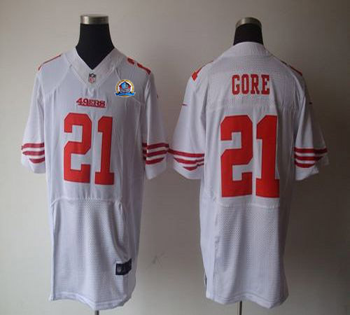  49ers #21 Frank Gore White With Hall of Fame 50th Patch Men's Stitched NFL Elite Jersey