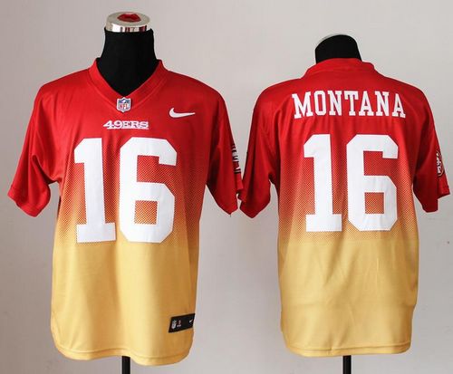  49ers #16 Joe Montana Red/Gold Men's Stitched NFL Elite Fadeaway Fashion Jersey