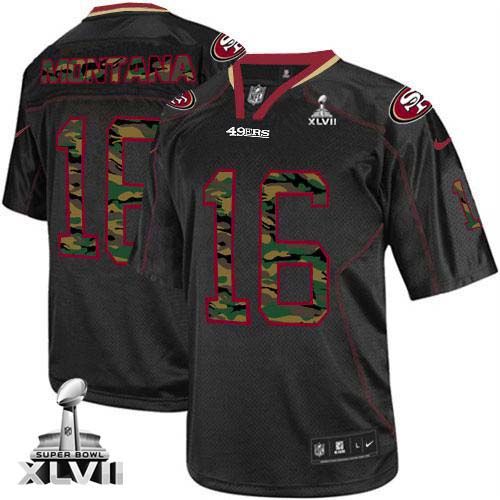 49ers #16 Joe Montana Black Super Bowl XLVII Men's Stitched NFL Elite Camo Fashion Jersey