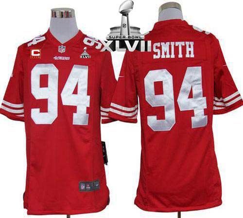 49ers #94 Justin Smith Red Team Color With C Patch Super Bowl XLVII Men's Stitched NFL Game Jersey