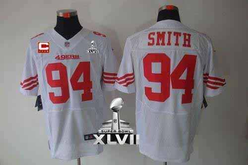  49ers #94 Justin Smith White With C Patch Super Bowl XLVII Men's Stitched NFL Elite Jersey