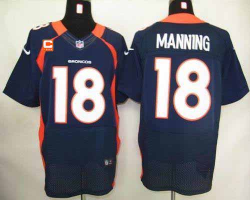  Broncos #18 Peyton Manning Navy Blue With C Patch Men's Stitched NFL Elite Jersey