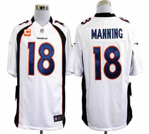  Broncos #18 Peyton Manning White With C Patch Men's Stitched NFL Game Jersey