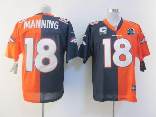  Broncos #18 Peyton Manning Orange/Navy Blue With Hall of Fame 50th Patch Men's Stitched NFL Elite Split Jersey