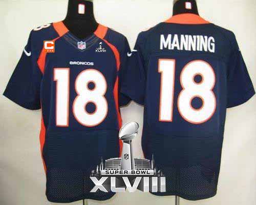  Broncos #18 Peyton Manning Navy Blue With C Patch Super Bowl XLVIII Men's Stitched NFL Elite Jersey