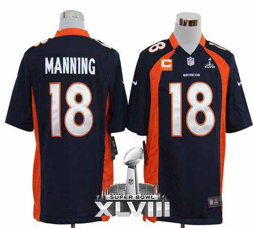  Broncos #18 Peyton Manning Navy Blue Alternate With C Patch Super Bowl XLVIII Men's Stitched NFL Game Jersey