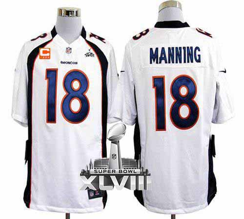  Broncos #18 Peyton Manning White With C Patch Super Bowl XLVIII Men's Stitched NFL Game Jersey