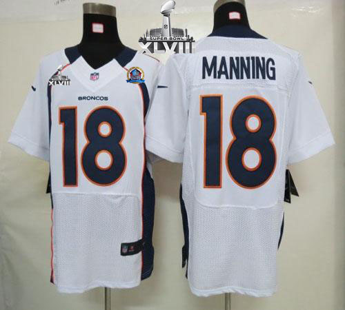  Broncos #18 Peyton Manning White With Hall of Fame 50th Patch Super Bowl XLVIII Men's Stitched NFL Elite Jersey
