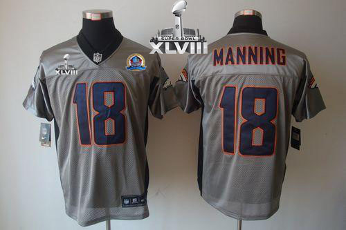  Broncos #18 Peyton Manning Grey Shadow With Hall of Fame 50th Patch Super Bowl XLVIII Men's Stitched NFL Elite Jersey