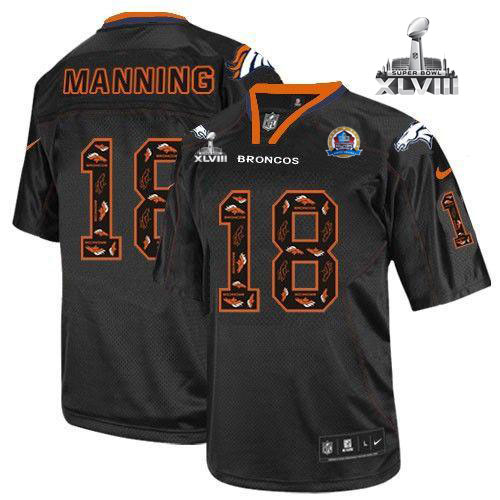  Broncos #18 Peyton Manning New Lights Out Black With Hall of Fame 50th Patch Super Bowl XLVIII Men's Stitched NFL Elite Jersey