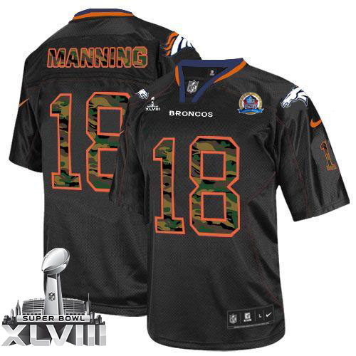  Broncos #18 Peyton Manning Black With Hall of Fame 50th Patch Super Bowl XLVIII Men's Stitched NFL Elite Camo Fashion Jersey