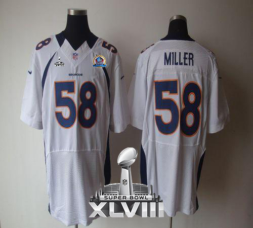  Broncos #58 Von Miller White With Hall of Fame 50th Patch Super Bowl XLVIII Men's Stitched NFL Elite Jersey