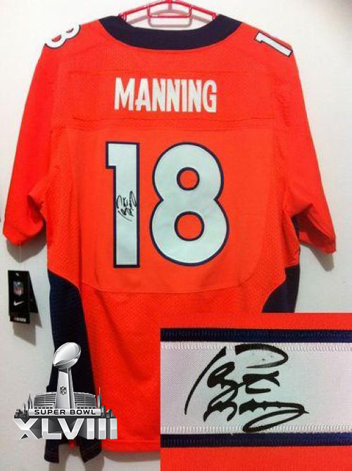  Broncos #18 Peyton Manning Orange Team Color Super Bowl XLVIII Men's Stitched NFL Elite Autographed Jersey