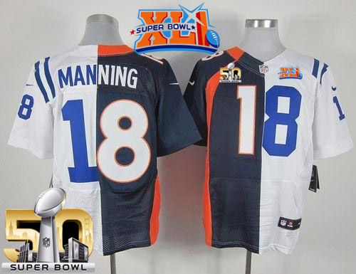  Broncos #18 Peyton Manning Navy Blue/White Super Bowl XLI & Super Bowl 50 Men's Stitched NFL Elite Split Colts Jersey