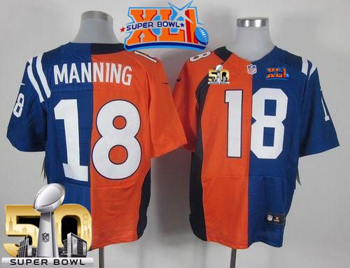  Broncos #18 Peyton Manning Orange/Royal Blue Super Bowl XLI & Super Bowl 50 Men's Stitched NFL Elite Split Colts Jersey