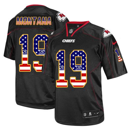  Chiefs #19 Joe Montana Black Men's Stitched NFL Elite USA Flag Fashion Jersey