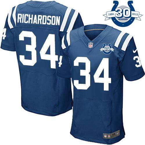  Colts #34 Trent Richardson Royal Blue Team Color With 30TH Seasons Patch Men's Stitched NFL Elite Jersey