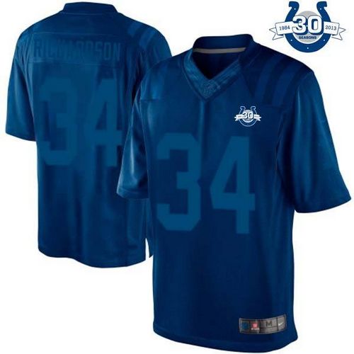  Colts #34 Trent Richardson Royal Blue With 30TH Seasons Patch Men's Stitched NFL Drenched Limited Jersey