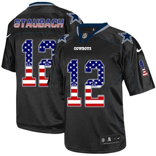  Cowboys #12 Roger Staubach Black Men's Stitched NFL Elite USA Flag Fashion Jersey