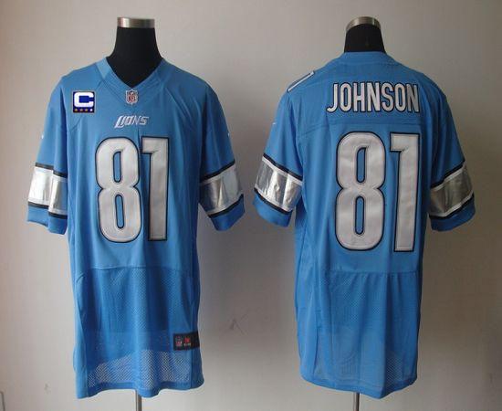  Lions #81 Calvin Johnson Blue Team Color With C Patch Men's Stitched NFL Elite Jersey