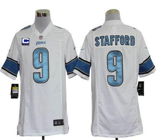  Lions #9 Matthew Stafford White With C Patch Men's Stitched NFL Game Jersey