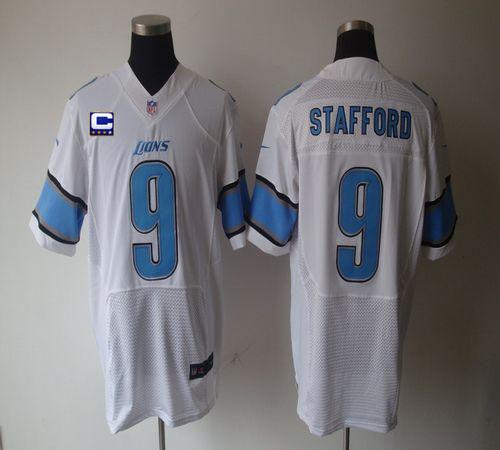  Lions #9 Matthew Stafford White With C Patch Men's Stitched NFL Elite Jersey