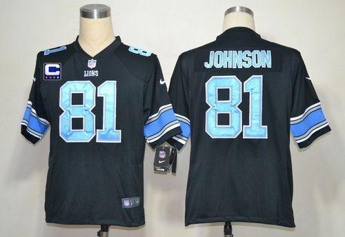  Lions #81 Calvin Johnson Black Alternate With C Patch Men's Stitched NFL Game Jersey
