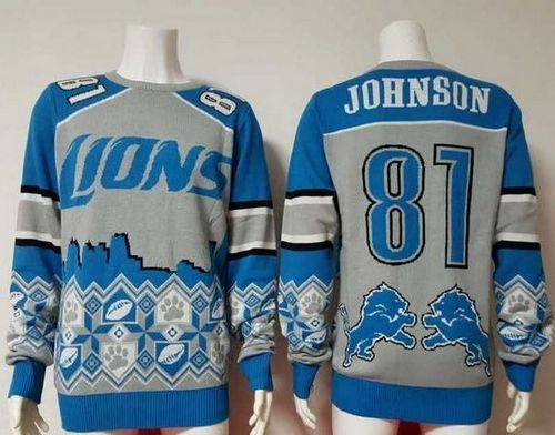  Lions #81 Calvin Johnson Blue/Grey Men's Ugly Sweater