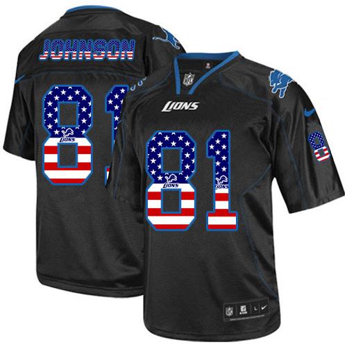  Lions #81 Calvin Johnson Black Men's Stitched NFL Elite USA Flag Fashion Jersey