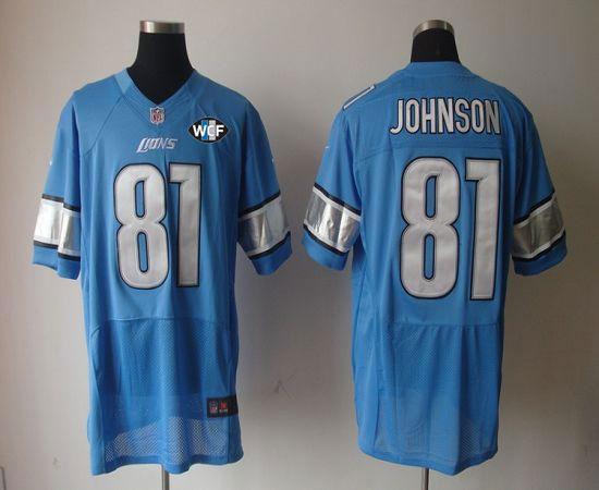  Lions #81 Calvin Johnson Blue Team Color With WCF Patch Men's Stitched NFL Elite Jersey