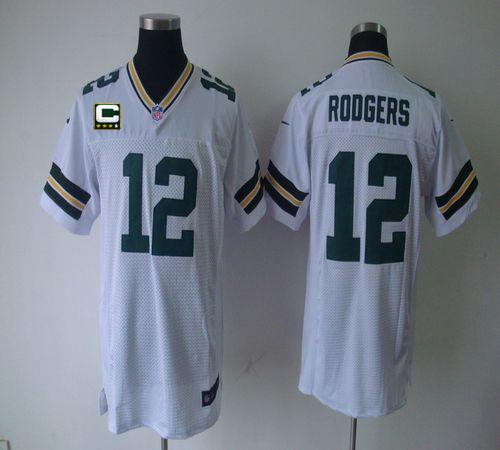  Packers #12 Aaron Rodgers White With C Patch Men's Stitched NFL Elite Jersey