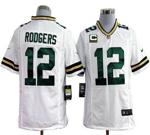 Packers #12 Aaron Rodgers White With C Patch Men's Stitched NFL Game Jersey