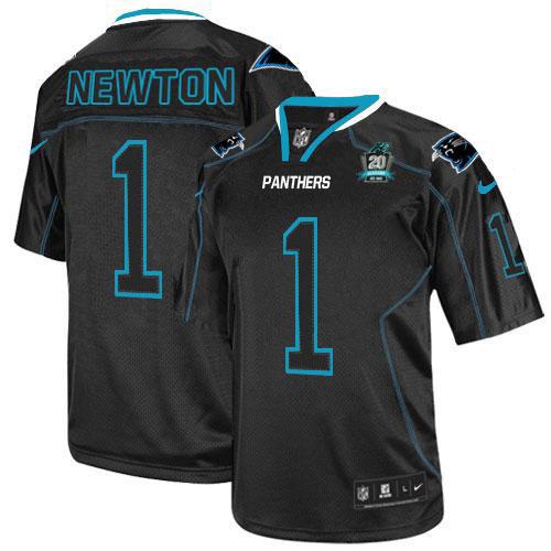  Panthers #1 Cam Newton Lights Out Black With 20TH Season Patch Men's Stitched NFL Elite Jersey