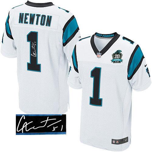  Panthers #1 Cam Newton White With 20TH Season Patch Men's Stitched NFL Elite Autographed Jersey