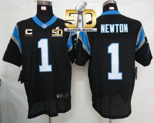  Panthers #1 Cam Newton Black Team Color With C Patch Super Bowl 50 Men's Stitched NFL Elite Jersey