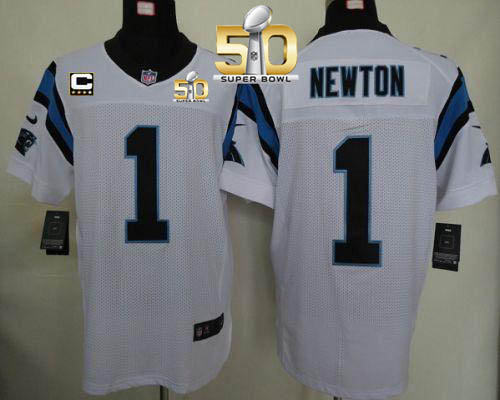  Panthers #1 Cam Newton White With C Patch Super Bowl 50 Men's Stitched NFL Elite Jersey
