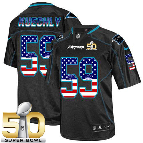  Panthers #59 Luke Kuechly Black Super Bowl 50 Men's Stitched NFL Elite USA Flag Fashion Jersey
