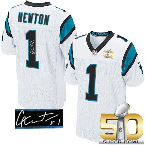  Panthers #1 Cam Newton White Super Bowl 50 Men's Stitched NFL Elite Autographed Jersey