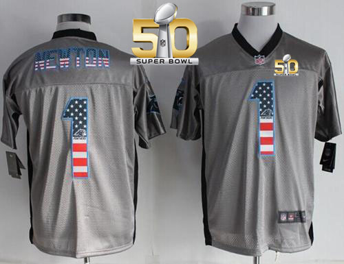  Panthers #1 Cam Newton Grey Super Bowl 50 Men's Stitched NFL Elite USA Flag Fashion Jersey