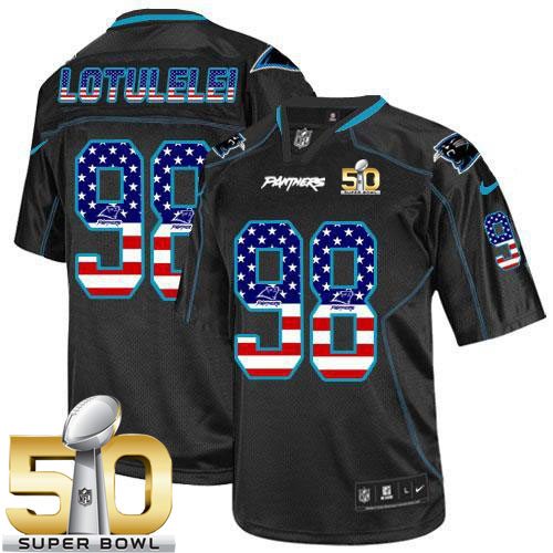  Panthers #98 Star Lotulelei Black Super Bowl 50 Men's Stitched NFL Elite USA Flag Fashion Jersey